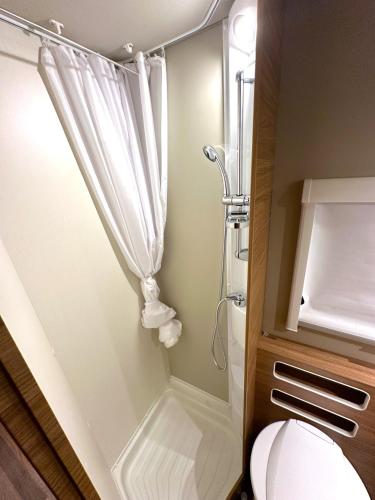 a small bathroom with a shower and a toilet at SwissHut Idyllic Farm Stay in Sigriswil
