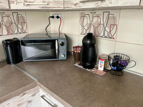 a kitchen counter with a microwave and a blender at Maros Apartman in Makó