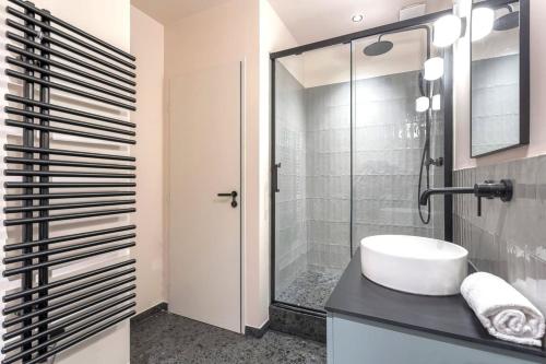 une salle de bain avec un lavabo et une douche dans l'établissement Amazing Vieux lyon superbe logement, à Lyon