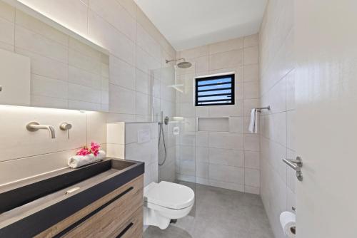 a white bathroom with a toilet and a shower at Paradise Villa met privezwembad, Mambo Beach in Willemstad