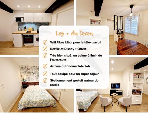 un collage de quatre photos d'une cuisine et d'une pièce dans l'établissement Studio entièrement équipé, à Cailloux-sur-Fontaines