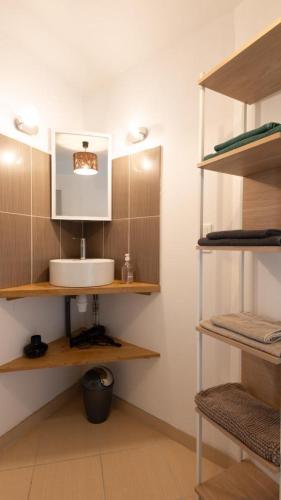 a bathroom with a sink and a mirror and shelves at Gîte La Proue du Serre 4/5 personnes in Sainte-Énimie