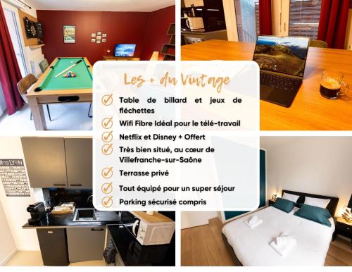 un collage de photos d'une pièce avec un panneau dans l'établissement Escapade Vintage avec Jeux, Billard et Fléchettes Détente Assurée !, à Villefranche-sur-Saône