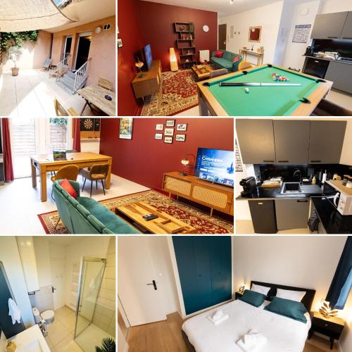 un collage de photos d'un salon avec un billard dans l'établissement Escapade Vintage avec Jeux, Billard et Fléchettes Détente Assurée !, à Villefranche-sur-Saône