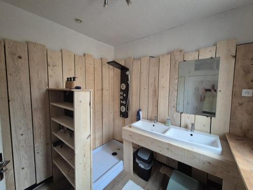 une salle de bain avec un lavabo et un miroir dans l'établissement Le Cirque 03, à Dompierre-sur-Besbre