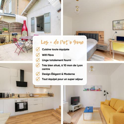 un collage de photos d'un salon et d'une cuisine dans l'établissement Maison cosy avec terrasse à 15 minutes de Lyon et WIFI, à Rillieux-la-Pape