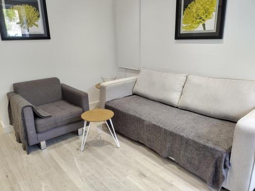 a living room with a couch and a chair at Glasgow Hampden Garden Flat in Glasgow