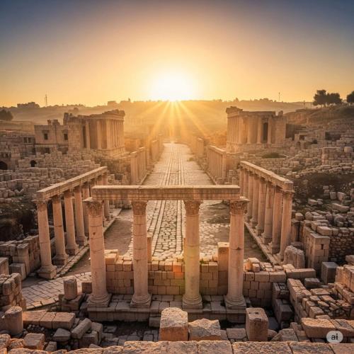 a view of the ruins of the ancient city at شاليه بانا جرش in Jerash