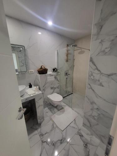 a white bathroom with a shower and a toilet at Villa Dragi in Klek