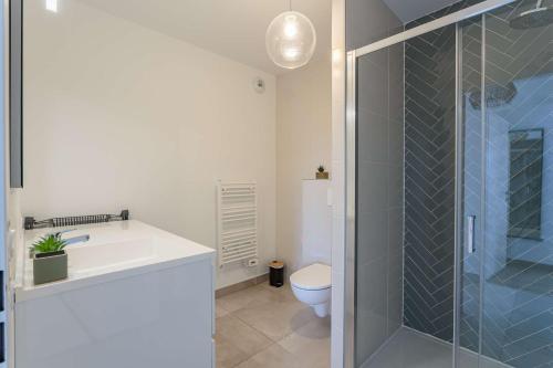 une salle de bain avec une douche, un lavabo et des toilettes dans l'établissement OLATOU Bel appartement lumineux avec jardin au cœur de Chiberta, à Anglet