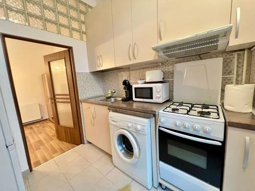 a kitchen with a stove and a microwave at The Central Stay in Cluj-Napoca