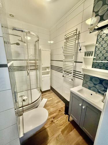a bathroom with a toilet and a shower and a sink at Portobello in Ustka