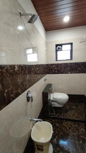 a bathroom with a toilet and a sink at Hotel Grand Lushwood in Aurangabad