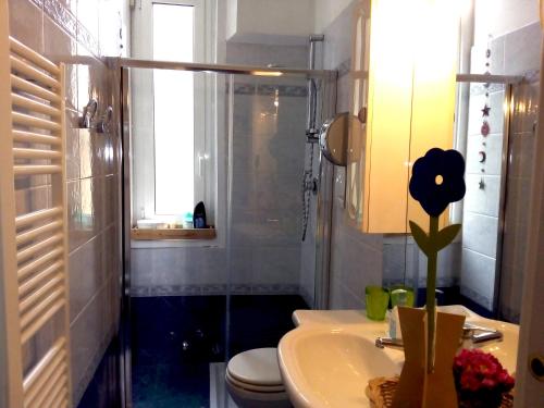 a bathroom with a shower and a toilet and a sink at Al Giardino degli Artisti in Cairo Montenotte