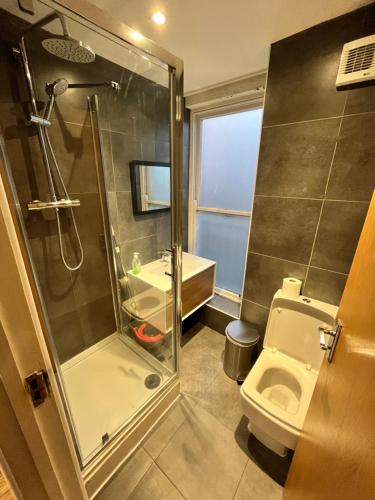 a bathroom with a shower and a toilet and a sink at Cosy Private Bedrooms in Euston London in London