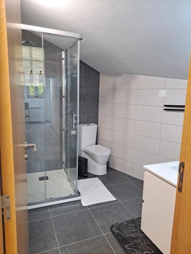 a bathroom with a shower and a toilet at Aromas do Oceano in Nazaré