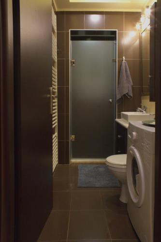 a bathroom with a shower and a toilet and a sink at AMMOS in Salamís