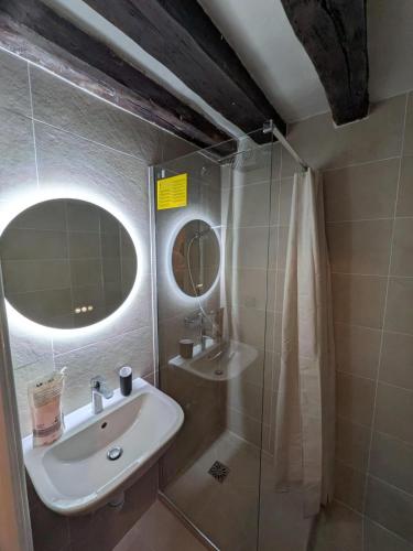 une salle de bain avec un lavabo, une douche et un miroir dans l'établissement Elegant Retreat by Le Marais, à Paris