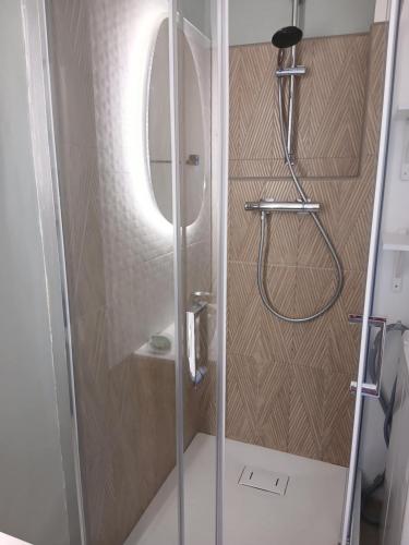 une douche avec une porte vitrée dans une salle de bain dans l'établissement Harmonie des Thermes, à Balaruc-les-Bains