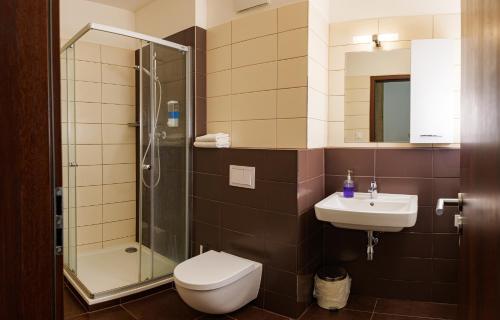 a bathroom with a toilet and a sink and a shower at Rezidencia Radnica -ubytovanie- Old town in Košice