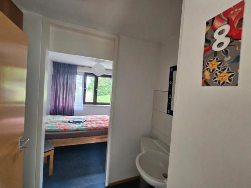 a small room with a bed and a bathroom at Gästehaus am Sternberg in Gomadingen