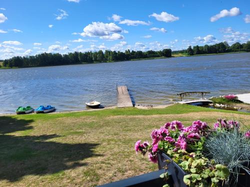 a view of a lake with a dock and flowers at Šilainė Glamping & SPA, Padel court in Oszkinie