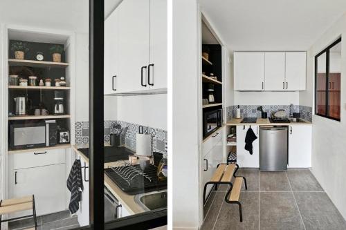 - deux vues sur une cuisine avec des placards blancs dans l'établissement Cozy and bright renovated apartment, à Villers-sur-Mer