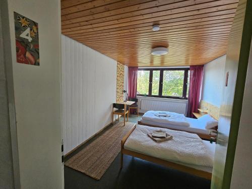 a bedroom with two beds and a wooden ceiling at Gästehaus am Sternberg in Gomadingen
