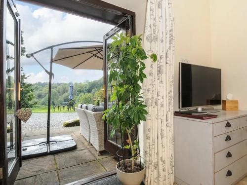 a living room with a tv and a window at Lydgate Cottage, Dartmoor in Postbridge