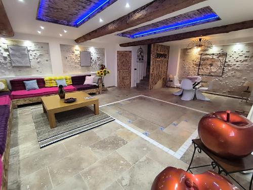 un salon avec un canapé et une table dans l'établissement Domaine de la Tapie de Bouchet - en Camargue, à Arles