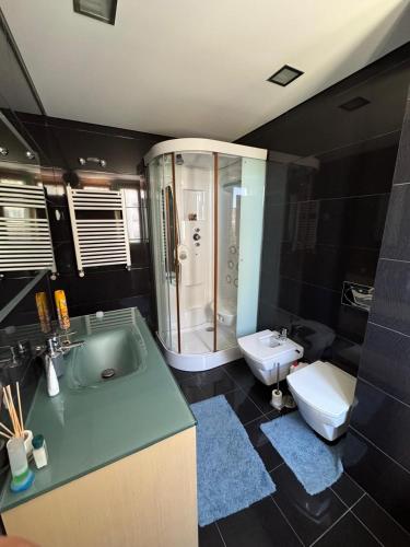 a bathroom with a tub and a sink and a toilet at House Infantado Loures in Loures