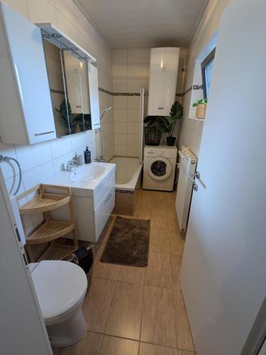 a bathroom with a toilet sink and a washing machine at Klagenfurt Apartment in Klagenfurt