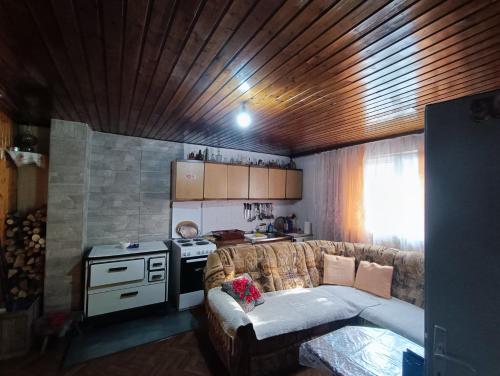 a kitchen with a couch and a stove in a room at Village House Rošnjače in Tomislavgrad