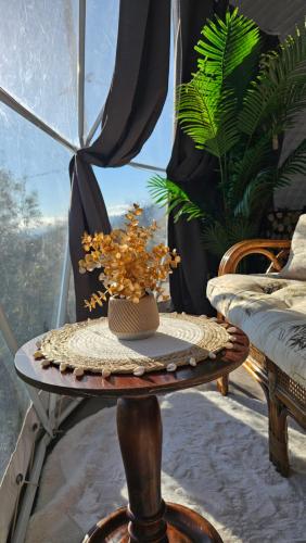 a table with a vase of flowers on it at Logements insolites du Domaine de la Tuilière in Carnoules