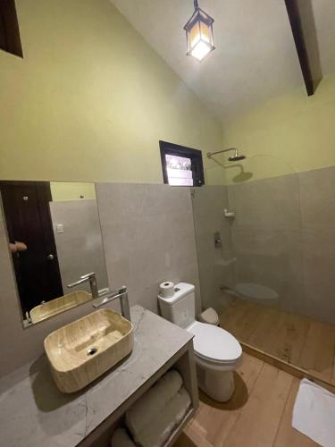 a bathroom with a white toilet and a sink at Hotel Brisas del Rio Guápiles in Jiménez
