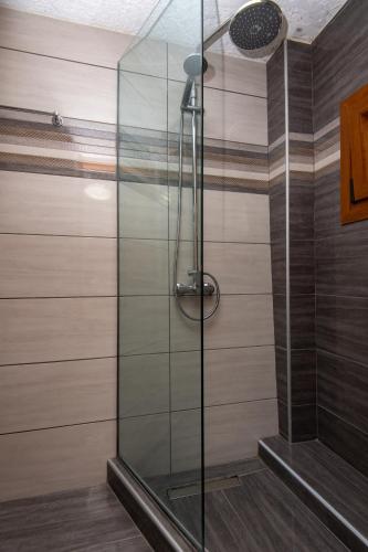 a shower with a glass door in a bathroom at Violetta Seaside Studios&Apartments in Karlovasi