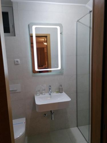 a bathroom with a sink and a mirror at Apartments 135 in Vršac