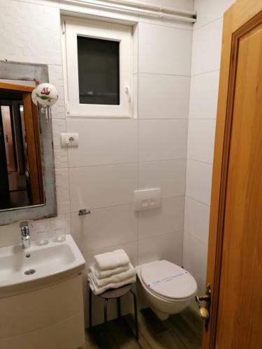 a bathroom with a sink and a toilet and a window at Apartments 135 in Vršac