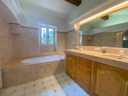 un bagno con vasca, lavandino e specchio di Bergerie a Grimaud