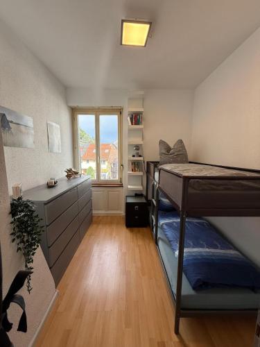 a dorm room with two bunk beds and a window at Basseltang urban apartment in Grenzach-Wyhlen