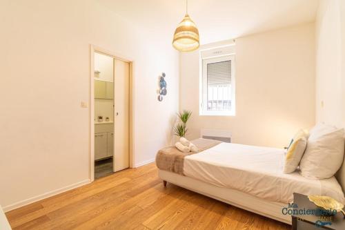 une chambre avec un grand lit et un miroir dans l'établissement Grece - centre ville - proche des commodités, à Toulouse