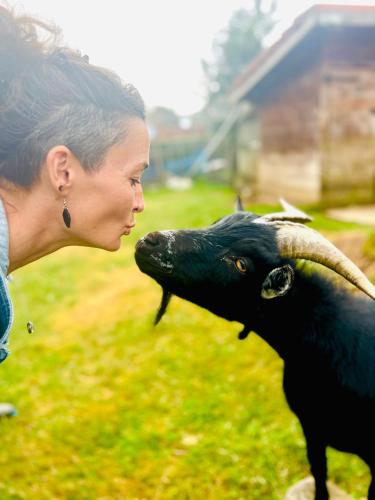 a woman is looking at a black goat at La roulotte tiny house du Mond'idéal in Leval