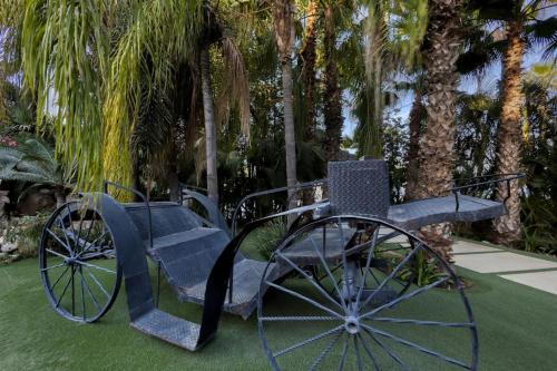 a horse drawn carriage in front of palm trees at Meditation Haven 1BR Pitahaya in San José del Cabo