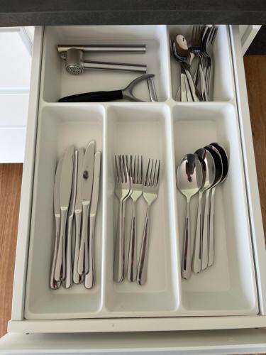 a tray with forks and spoons and forks and silverware at Alpinehome Walchsee in Walchsee