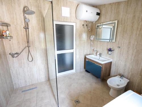 a bathroom with a shower and a toilet and a sink at Daydream Villas in Shkodër