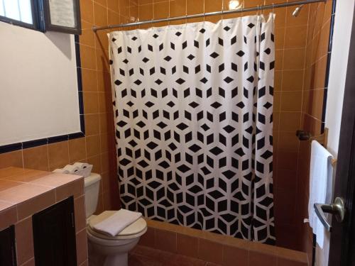 a bathroom with a shower curtain and a toilet at Apartamentos Antigua in Antigua Guatemala