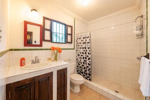 a bathroom with a sink and a toilet and a shower at Apartamentos Antigua in Antigua Guatemala