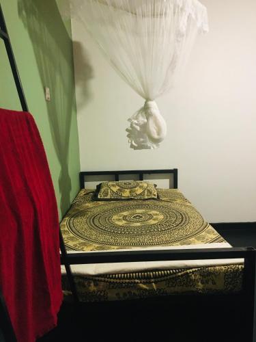 a bedroom with a bed with a curtain at Steps Kandy in Kandy