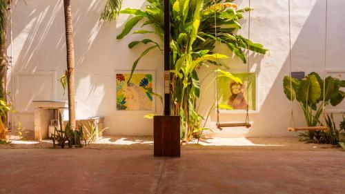 a palm tree in a room with paintings on the wall at Haciendita Xul-ha - 4 Habitaciones in Xul-Ha