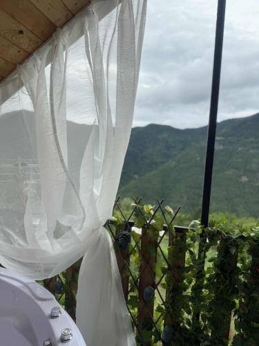 a white curtain with a view of the mountains at Happy days house in Shuakhevi